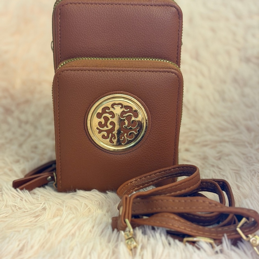 Brown Leather Crossbody Bag with Gold Accent